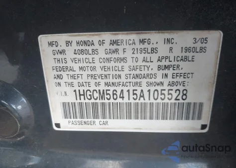 2005 Honda Accord 2.4 Lx из США, поврежденный, VIN 1HGCM56415A105528